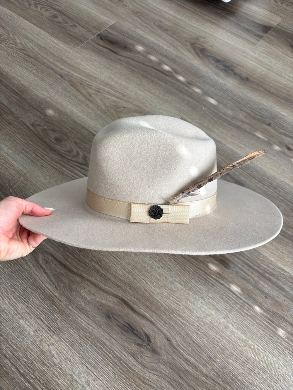 Women’s Wide-Brim Felt Cowboy Hat with Feather Accent